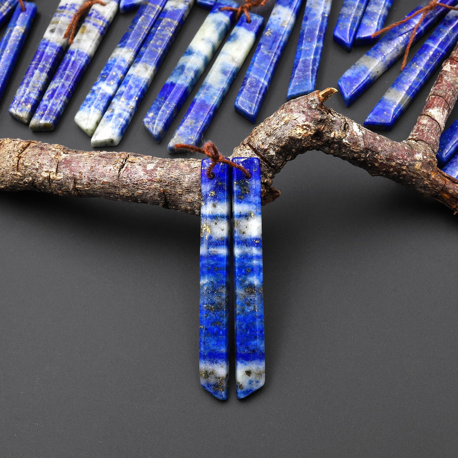 Natural Blue Lapis Earring Pair Modern Long Beveled Rectangle Spike Matched Gemstone Beads