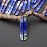 Natural Blue Lapis Earring Pair Modern Long Beveled Rectangle Spike Matched Gemstone Beads