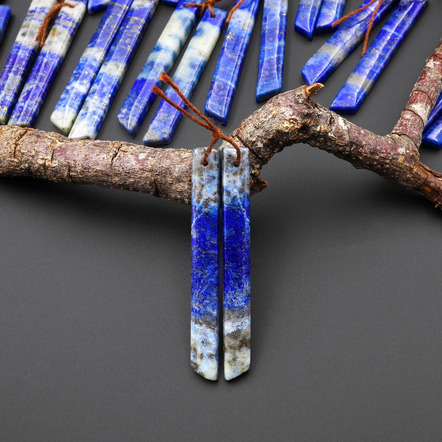 Natural Blue Lapis Earring Pair Modern Long Beveled Rectangle Spike Matched Gemstone Beads