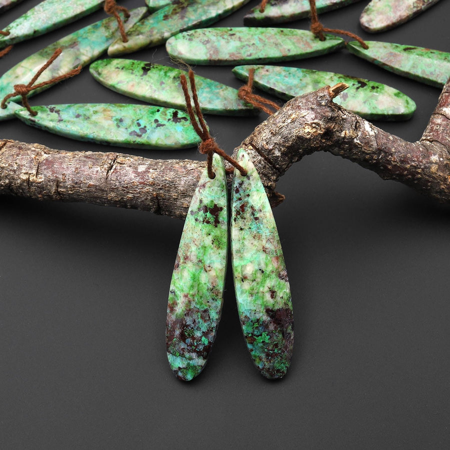 Rare Natural Apple Green Parrot Wing Chrysocolla Teardrop Earring Pair Matched Gemstone Beads From Mexico A4