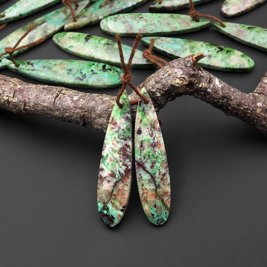 Rare Natural Apple Green Parrot Wing Chrysocolla Teardrop Earring Pair Matched Gemstone Beads From Mexico A9