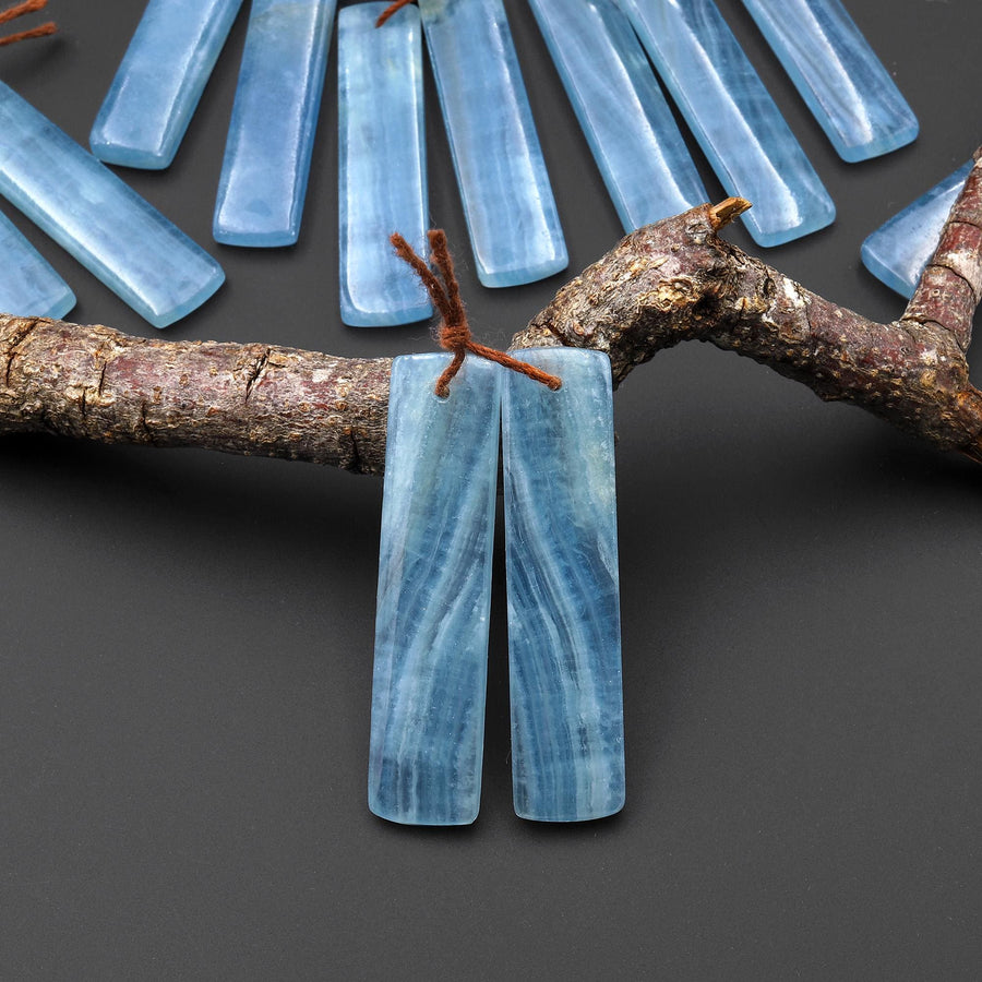 AAA Translucent Natural Argentina Lemurian Aquatine Blue Calcite Rectangle Matched Earring Pair
