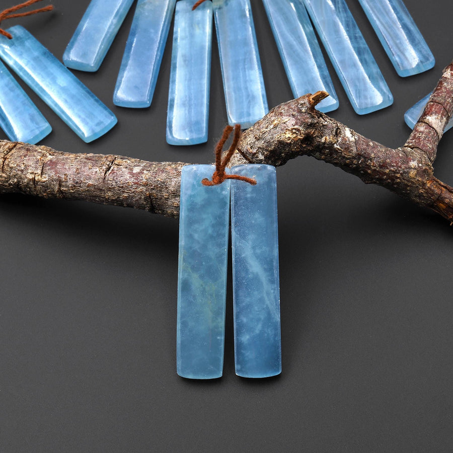AAA Translucent Natural Argentina Lemurian Aquatine Blue Calcite Rectangle Matched Earring Pair A3