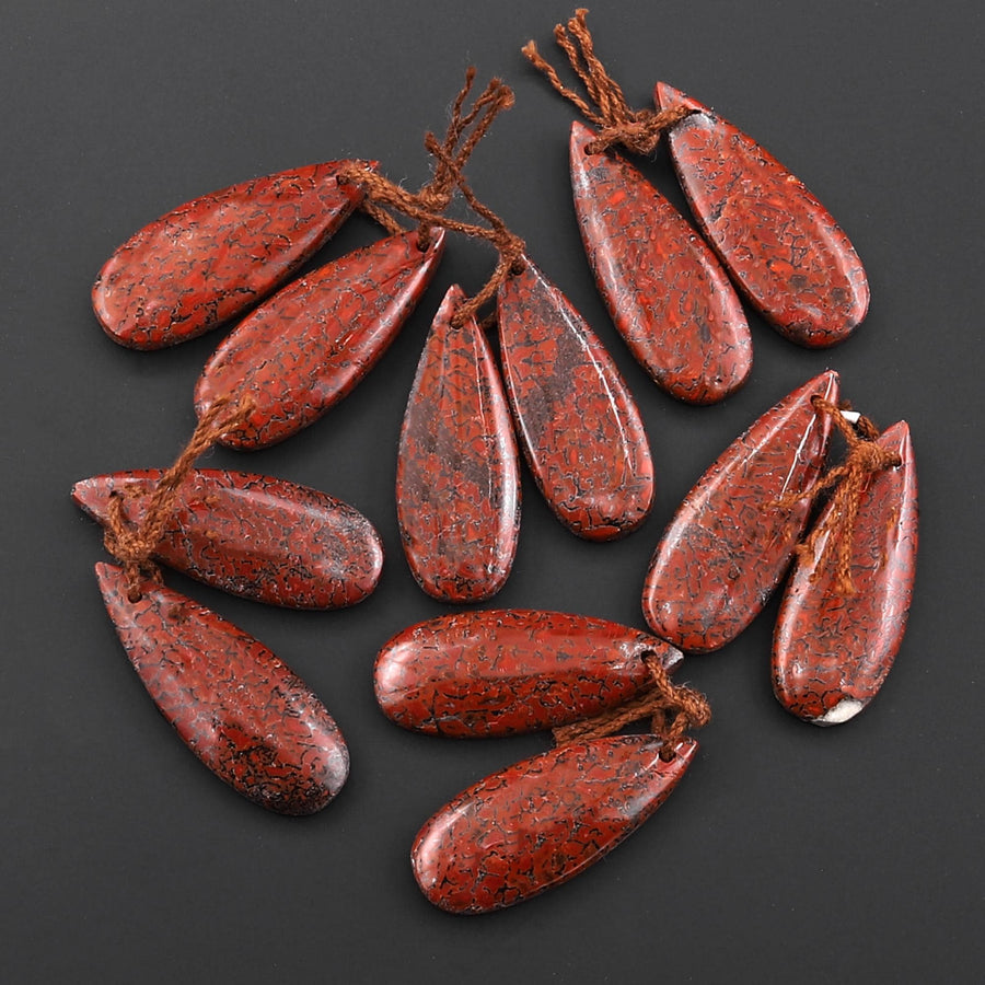Genuine Red Utah Dinosaur Bone Fossil Drilled Teardrop Earring Pair Matched Gemstone Beads