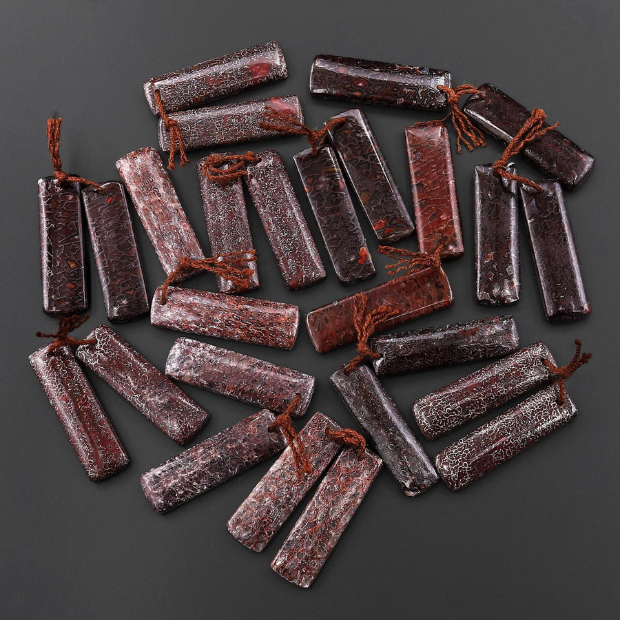 Genuine Maroon Red Utah Dinosaur Bone Fossil Drilled Rectangle Earring Pair Matched Gemstone Beads EC0397