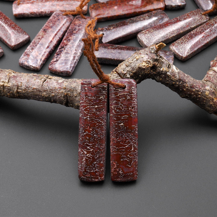 Genuine Maroon Red Utah Dinosaur Bone Fossil Drilled Rectangle Earring Pair Matched Gemstone Beads EC0397