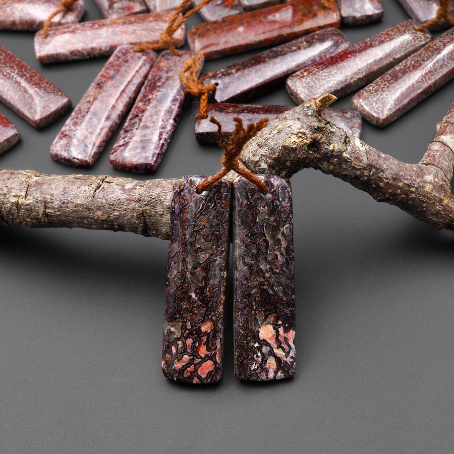 Genuine Maroon Red Utah Dinosaur Bone Fossil Drilled Rectangle Earring Pair Matched Gemstone Beads EC0397