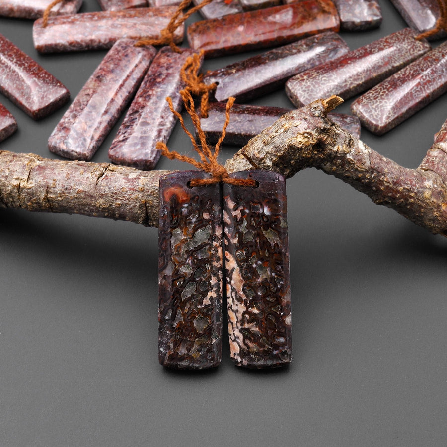 Genuine Maroon Red Utah Dinosaur Bone Fossil Drilled Rectangle Earring Pair Matched Gemstone Beads A2