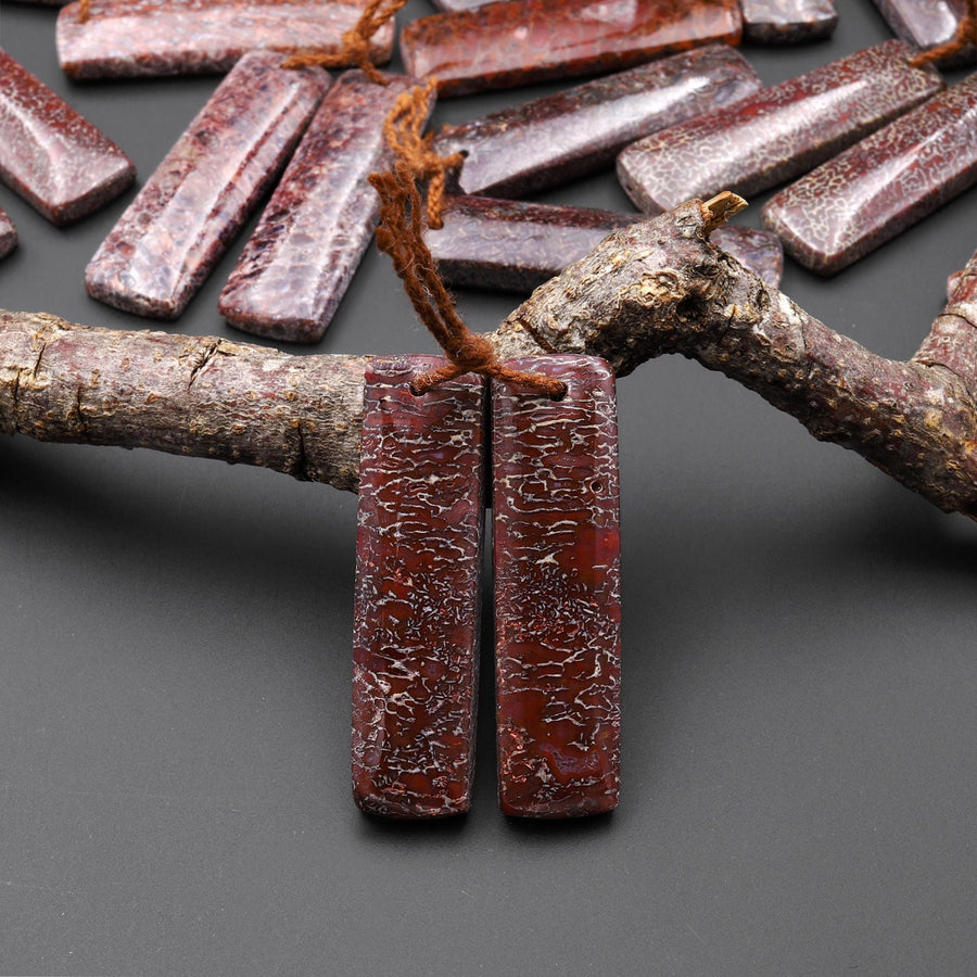 Genuine Maroon Red Utah Dinosaur Bone Fossil Drilled Rectangle Earring Pair Matched Gemstone Beads A3