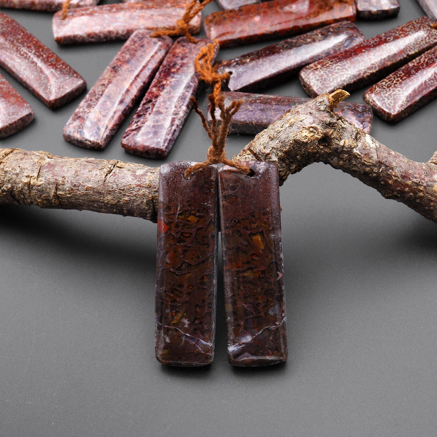 Genuine Maroon Red Utah Dinosaur Bone Fossil Drilled Rectangle Earring Pair Matched Gemstone Beads A4