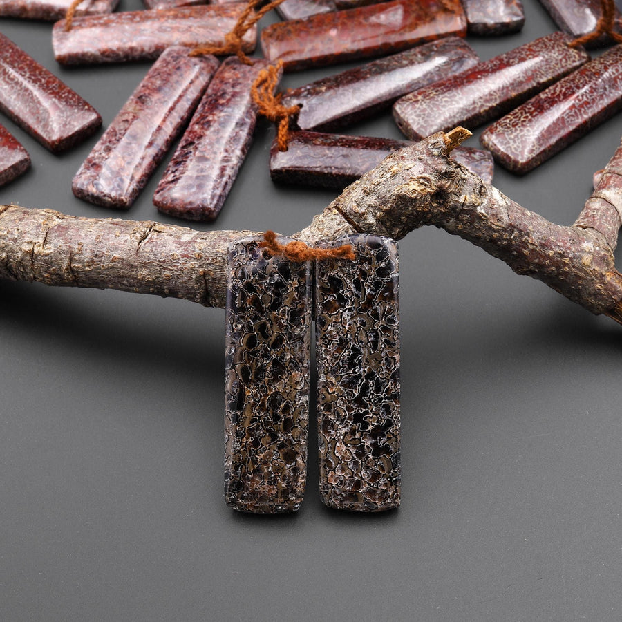 Genuine Black Gray Utah Dinosaur Bone Fossil Drilled Rectangle Earring Pair Matched Gemstone Beads A5