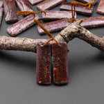 Genuine Maroon Red Pink Gray Utah Dinosaur Bone Fossil Drilled Rectangle Earring Pair Matched Gemstone Beads EC0405