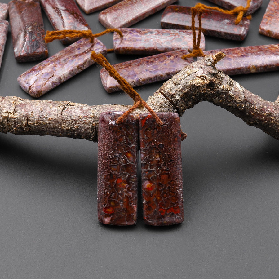 Genuine Maroon Red Pink Gray Utah Dinosaur Bone Fossil Drilled Rectangle Earring Pair Matched Gemstone Beads EC0405