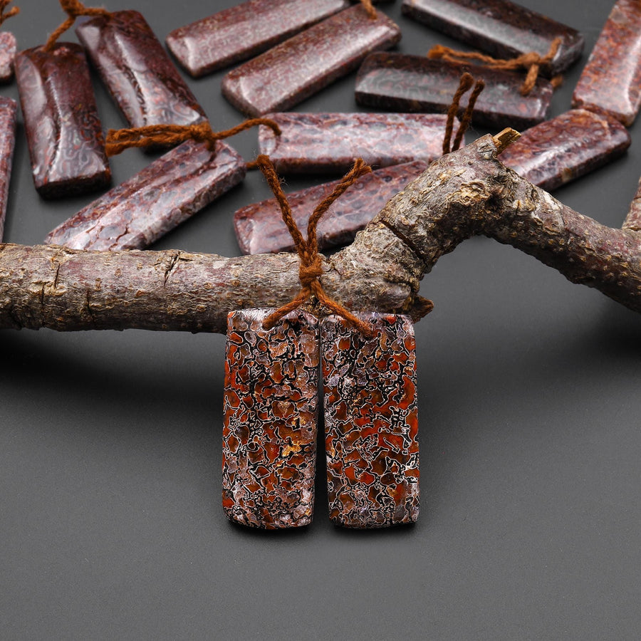 Genuine Maroon Red Pink Gray Utah Dinosaur Bone Fossil Drilled Rectangle Earring Pair Matched Gemstone Beads EC0405