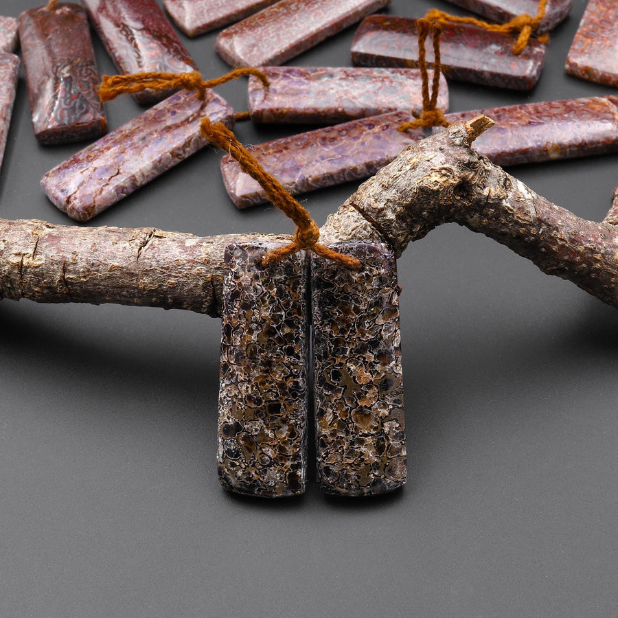 Genuine Maroon Red Pink Gray Utah Dinosaur Bone Fossil Drilled Rectangle Earring Pair Matched Gemstone Beads EC0405