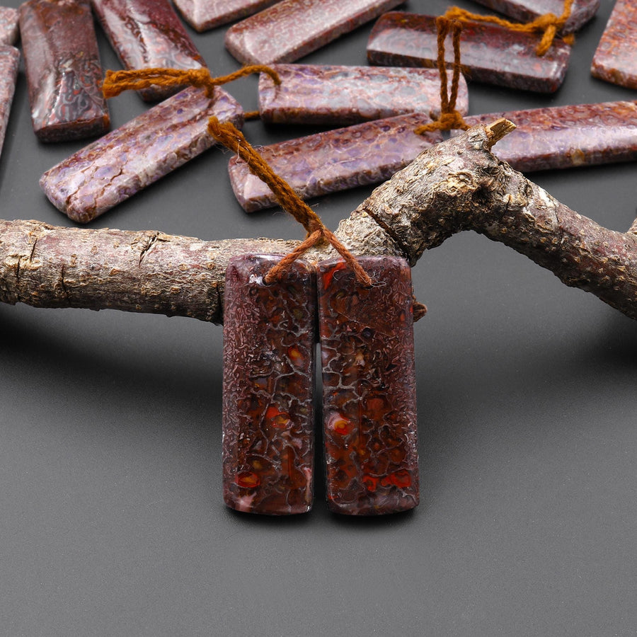 Genuine Red Utah Dinosaur Bone Fossil Drilled Rectangle Earring Pair Matched Gemstone Beads EC0405 A4
