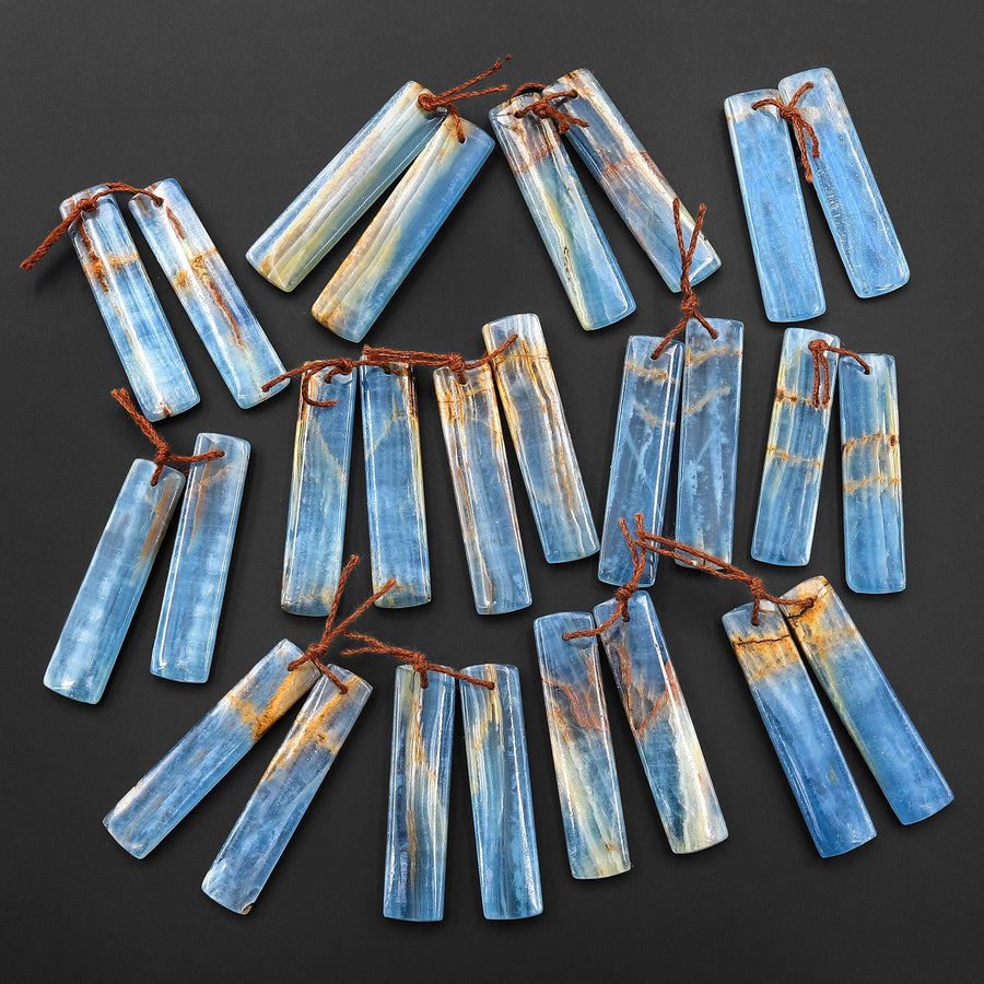 Natural Argentina Lemurian Aquatine Blue Calcite Rectangle Matched Earring Pairs Drilled Gemstone Cabochon Beads EC0403