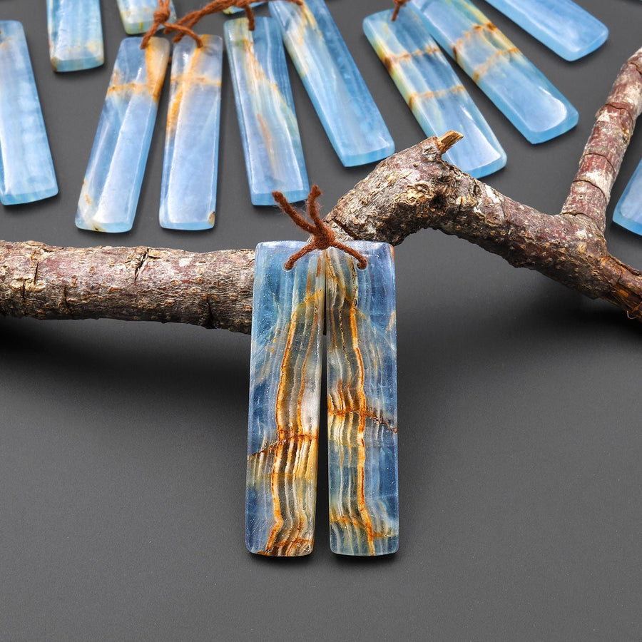Natural Argentina Lemurian Aquatine Blue Calcite Rectangle Matched Earring Pairs Drilled Gemstone Cabochon Beads EC0403 A1
