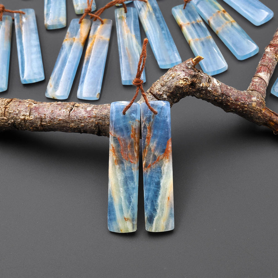 Natural Argentina Lemurian Aquatine Blue Calcite Rectangle Matched Earring Pairs Drilled Gemstone Cabochon Beads EC0403 A3
