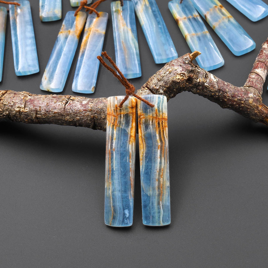Natural Argentina Lemurian Aquatine Blue Calcite Rectangle Matched Earring Pairs Drilled Gemstone Cabochon Beads EC0403 A4