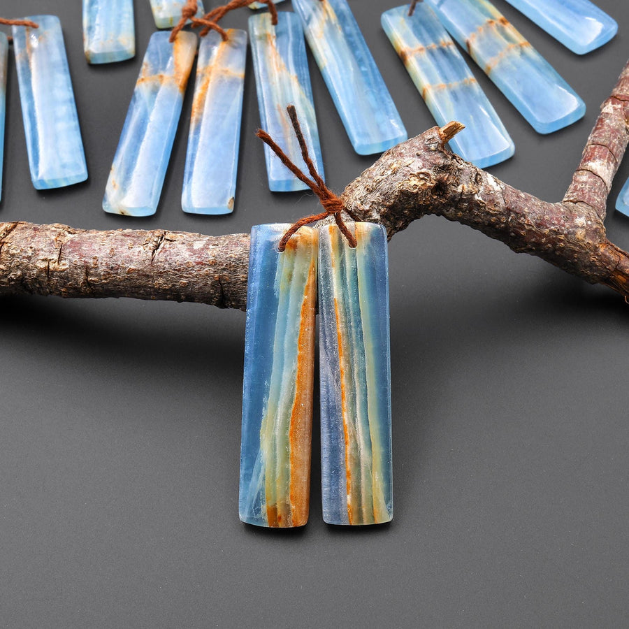 Natural Argentina Lemurian Aquatine Blue Calcite Rectangle Matched Earring Pairs Drilled Gemstone Cabochon Beads EC0403 A5