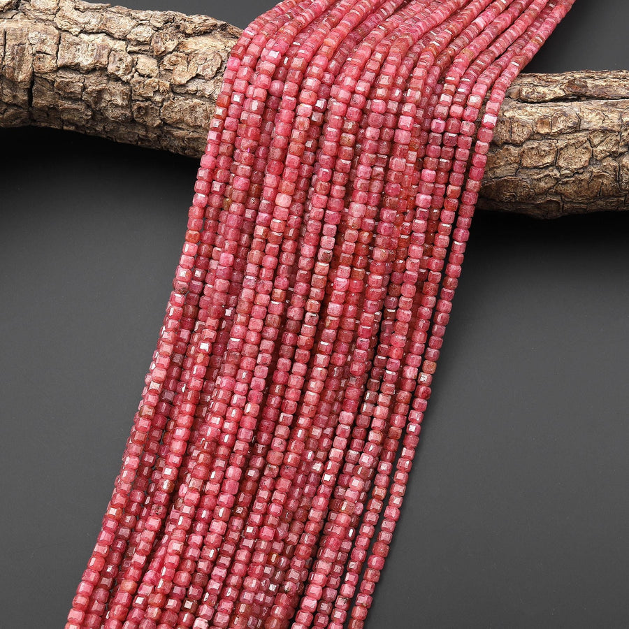 AAA Faceted Natural Pink Red Thulite 3mm Cube Beads Diamond Cut Gemstone From Norway 15.5" Strand