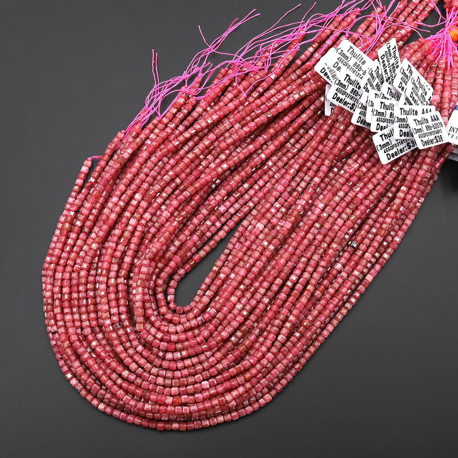 AAA Faceted Natural Pink Red Thulite 3mm Cube Beads Diamond Cut Gemstone From Norway 15.5" Strand