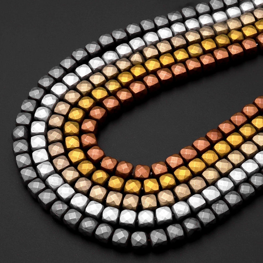 Matte Faceted Hematite Cube Beads 3mm 4mm Titanium Silver Gold Bronze Champagne Gunmetal Black Colors 15.5" Strand