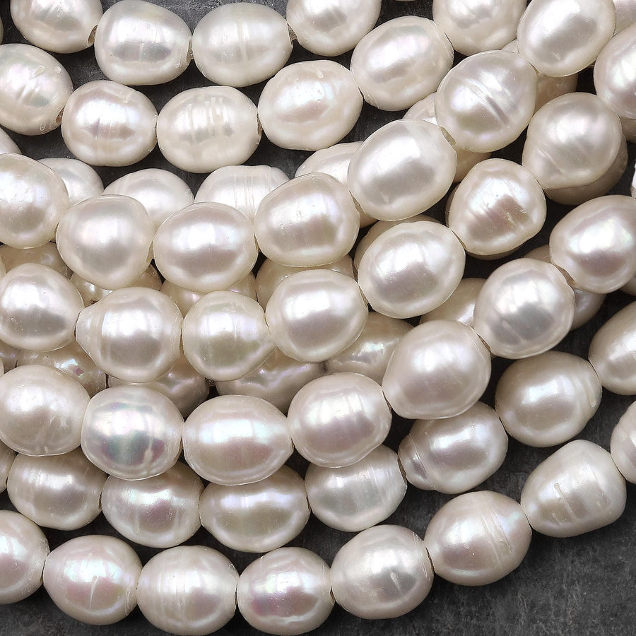 Large Hole Pearls Beads Natural White Genuine Freshwater Pearl Potato Oval 10mm to 13mm Big 2.5mm Drill Hole 8" Strand