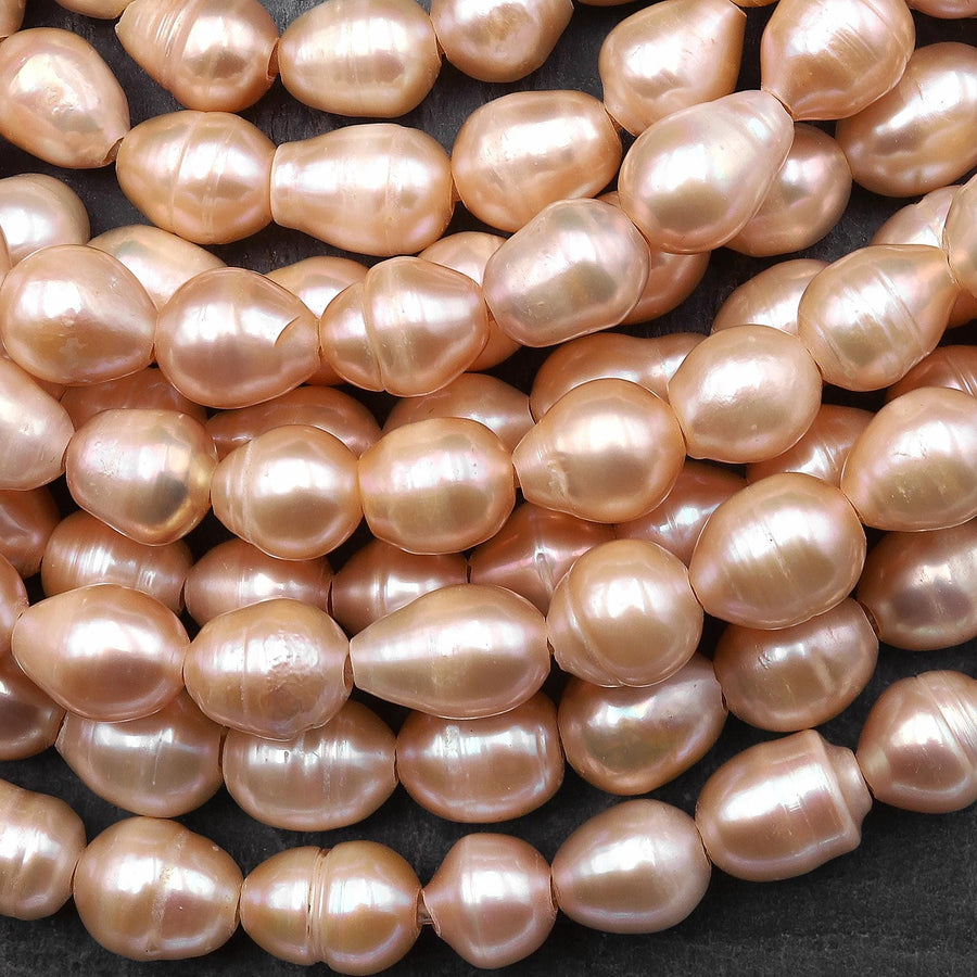 Large Hole Genuine Freshwater Pearls Beads Natural Peach Apricot Peach Potato Oval 9mm 10mm 12mm Big 2.5mm Drill Hole 8" Strand
