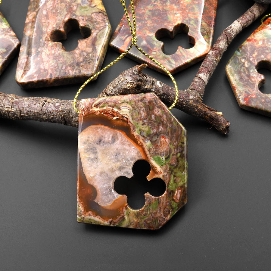 Have Carved Natural Mushroom Rhyolite Jasper Freeform 4 Four Leaf Clover Side Drilled Pendant A3