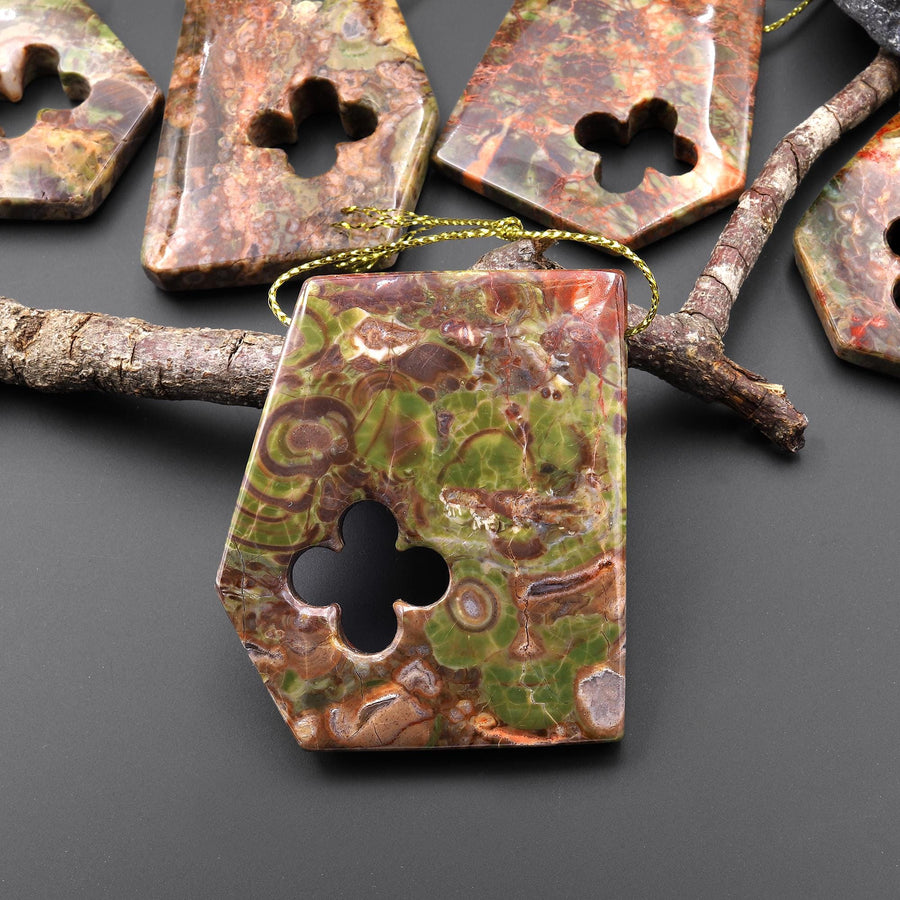 Have Carved Natural Mushroom Rhyolite Jasper Freeform 4 Four Leaf Clover Side Drilled Pendant A4