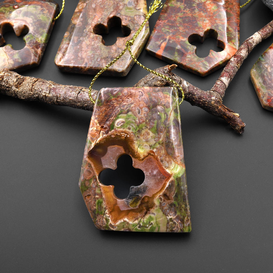 Have Carved Natural Mushroom Rhyolite Jasper Freeform 4 Four Leaf Clover Side Drilled Pendant A5