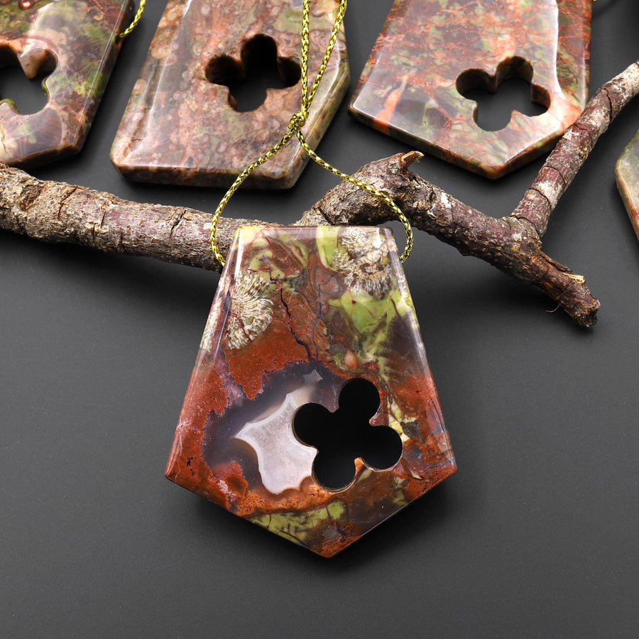 Have Carved Natural Mushroom Rhyolite Jasper Freeform 4 Four Leaf Clover Side Drilled Pendant A6