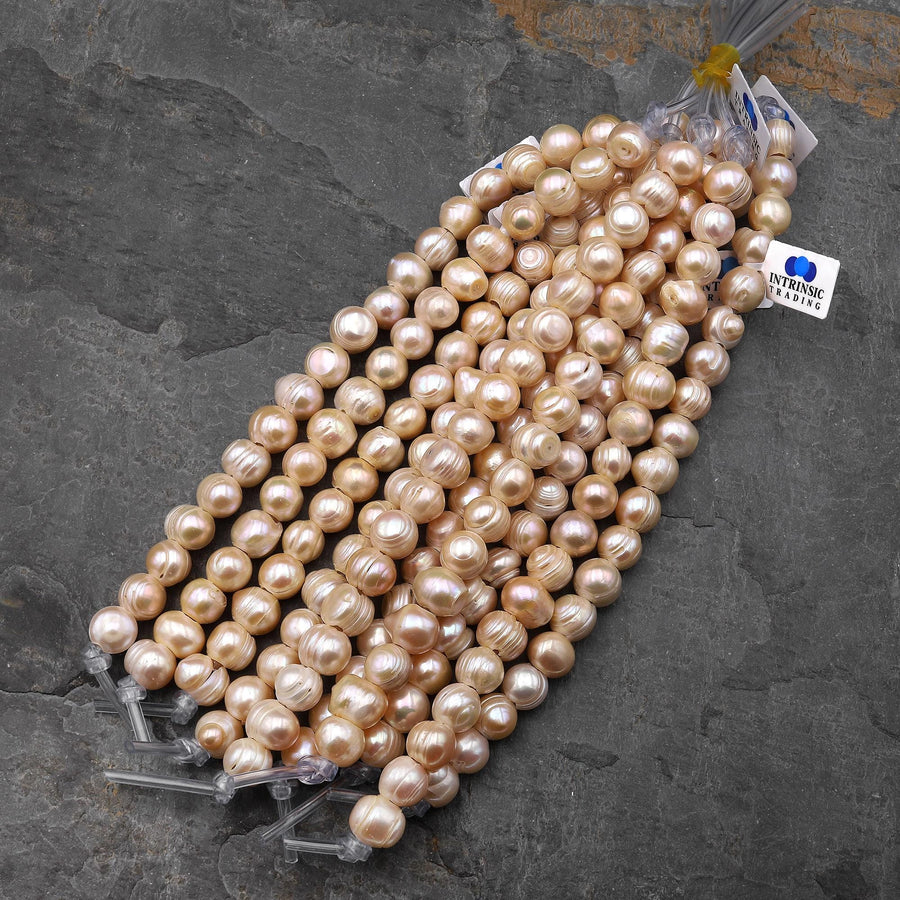 Large Hole Pearls Beads Natural Soft Peach Genuine Freshwater Pearl Off Round 9mm 10mm 12mm Big 3.2mm Drill Hole 8" Strand