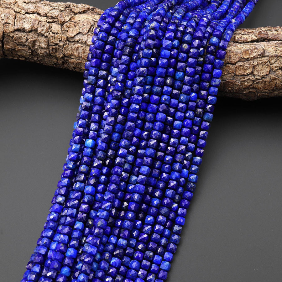 AAA Faceted Natural Blue Lapis 4mm Cube Gemstone Beads 15.5" Strand