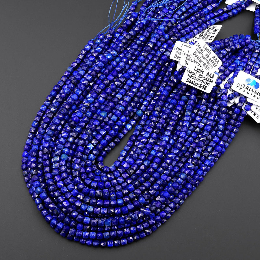 AAA Faceted Natural Blue Lapis 4mm Cube Gemstone Beads 15.5" Strand