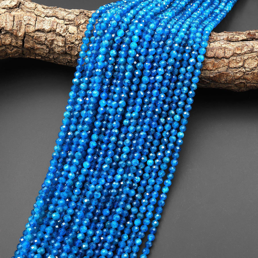 AAA+ Faceted Natural Teal Blue Apatite 2mm 4mm Round Beads Gemstone 15.5" Strand A4596