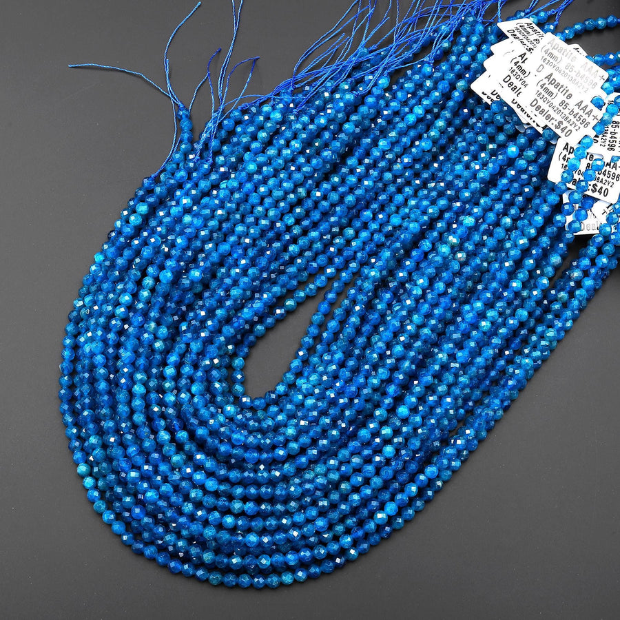 AAA+ Faceted Natural Teal Blue Apatite 2mm 4mm Round Beads Gemstone 15.5" Strand A4596