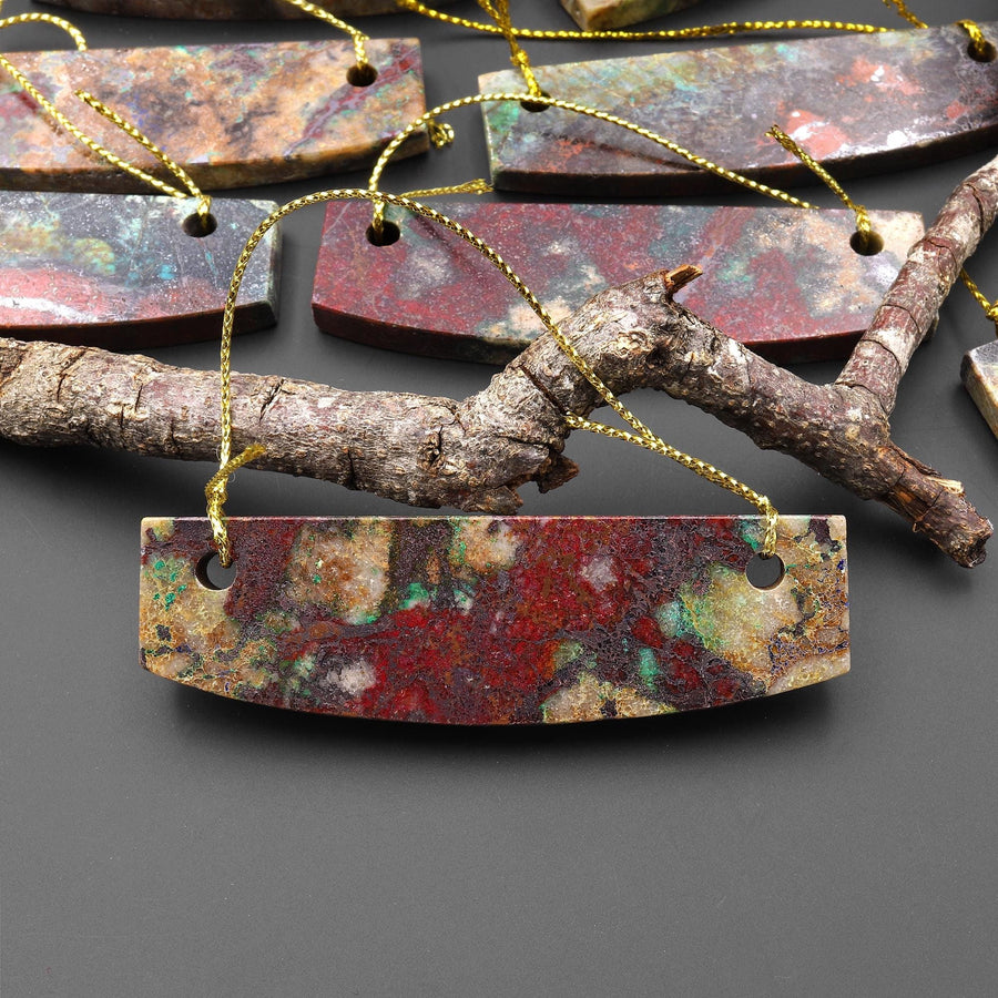 From the Old Arizona Copper Mine~ Natural Copper in Chrysocolla Curved Elongated Rectangle Slab 2 Two Hole Pendant