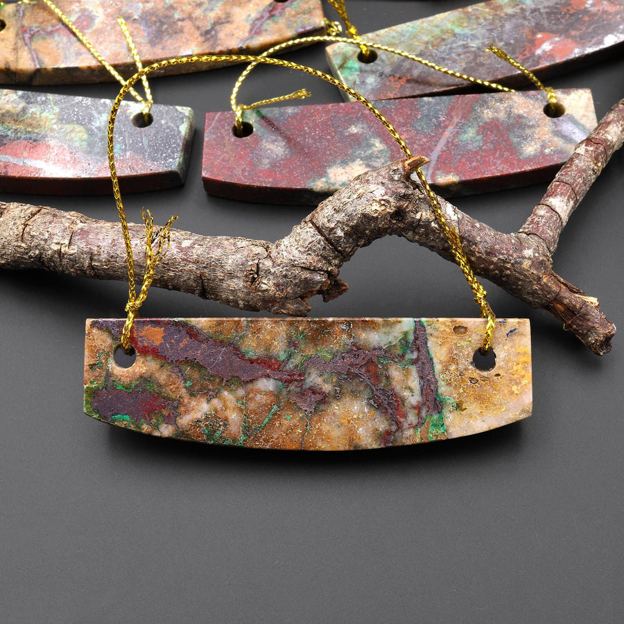 From the Old Arizona Copper Mine~ Natural Copper in Chrysocolla Curved Elongated Rectangle Slab 2 Two Hole Pendant