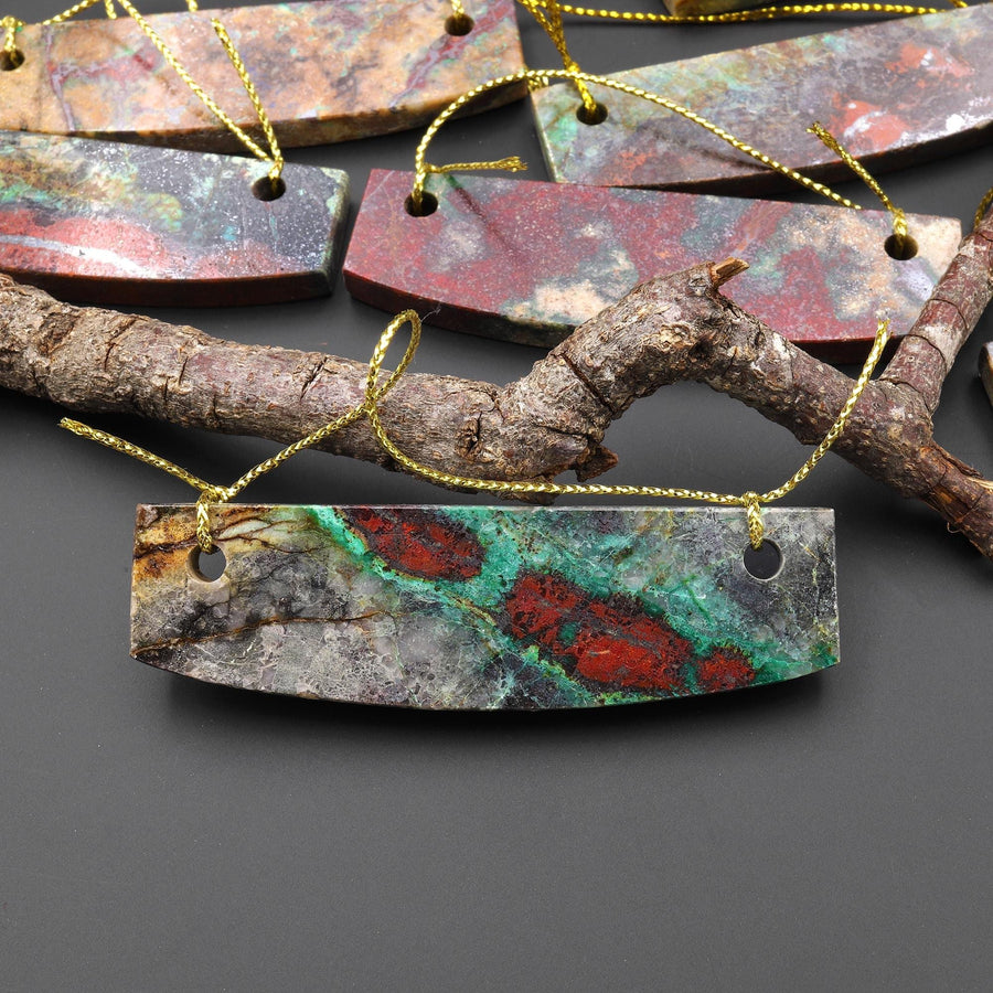 From the Old Arizona Copper Mine~ Natural Copper in Chrysocolla Curved Elongated Rectangle Slab 2 Two Hole Pendant