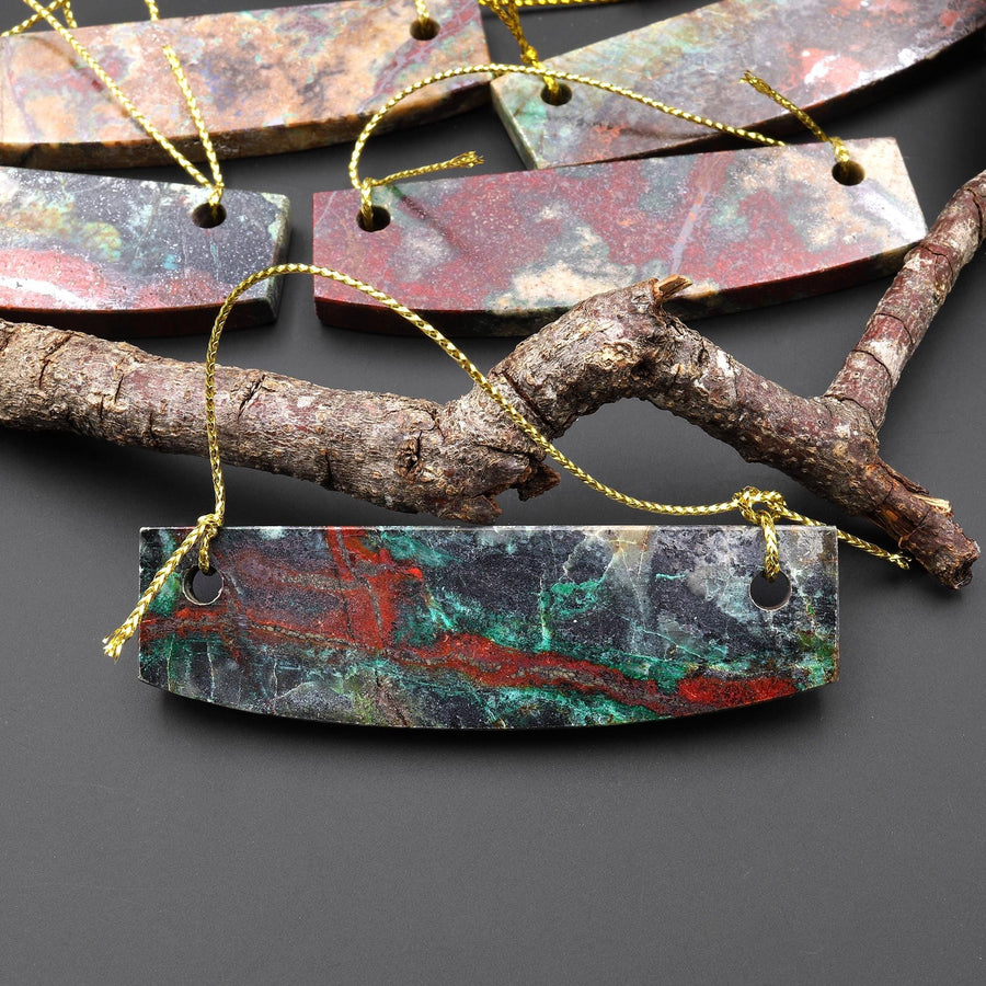 From the Old Arizona Copper Mine~ Natural Copper in Chrysocolla Curved Elongated Rectangle Slab 2 Two Hole Pendant A5
