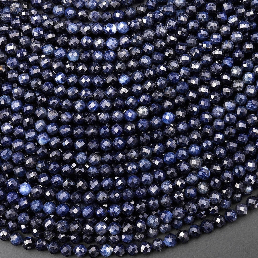 AAA Faceted Natural Deep Blue Sapphire Round Beads 2mm 3mm 4mm Genuine Gemstone 15.5" Strand