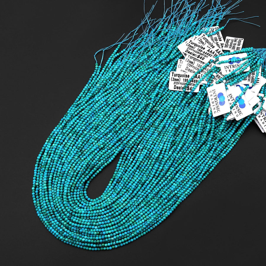 AAA Genuine Natural Blue Green Turquoise 2mm Smooth Round Gemstone Beads 15.5" Strand