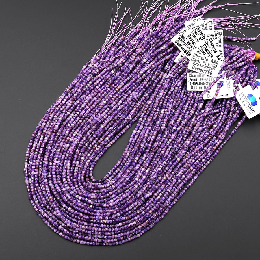 AAA Faceted Genuine Natural Russian Purple Charoite 2mm Cube Beads Gemstone 15.5" Strand