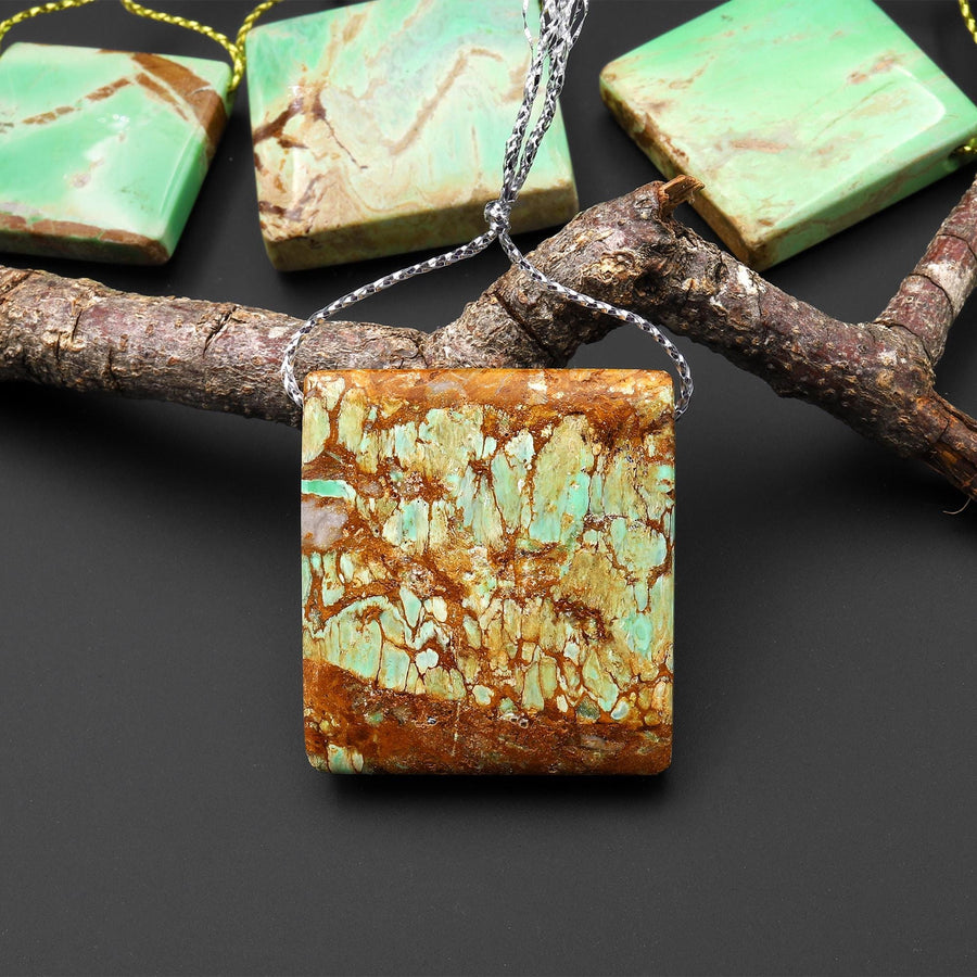 Natural Australian Green Variscite Square Pendant Top Side Drilled Gemstone