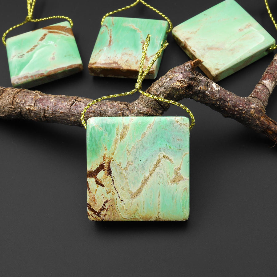 Natural Australian Green Variscite Square Pendant Top Side Drilled Gemstone
