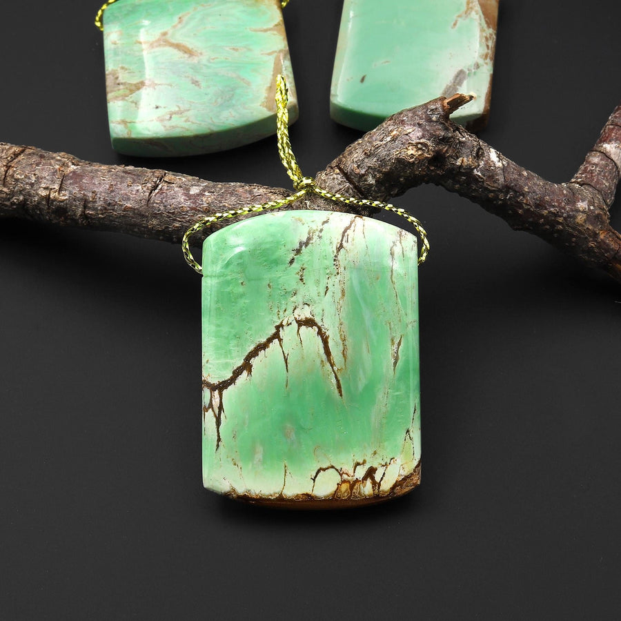 Natural Australian Green Variscite Curved Rectangle Pendant Top Side Drilled Gemstone A1