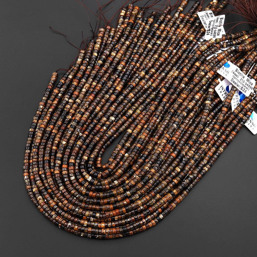 Natural Biotite Mica 4mm Heishi Gemstone Beads Sparkling Mica in Brown Biotite Phlogopite 15.5" Strand